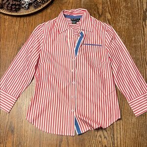 NWOT Tracy M 100% Silk Nautical Red and White Striped Blouse with Blue Accent